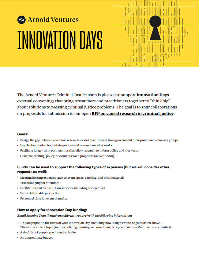 We want to help criminal justice researchers and practitioners to “think big” about solutions to pressing criminal justice problems. Check out our new page detailing @Arnold_Ventures 'Innovation Days' and apply today! craftmediabucket.s3.amazonaws.com/uploads/AVCJIn…