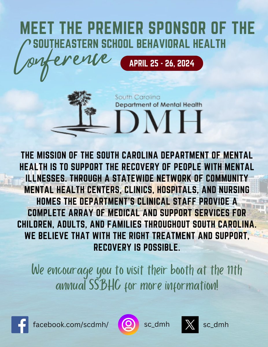 Today, we are excited to highlight our premier sponsor: @SC_DMH SC DMH has shown enormous dedication to advancing school behavioral health and generosity in supporting our conference. We could not do it without our sponsors! Learn more about SC DMH: scdmh.net