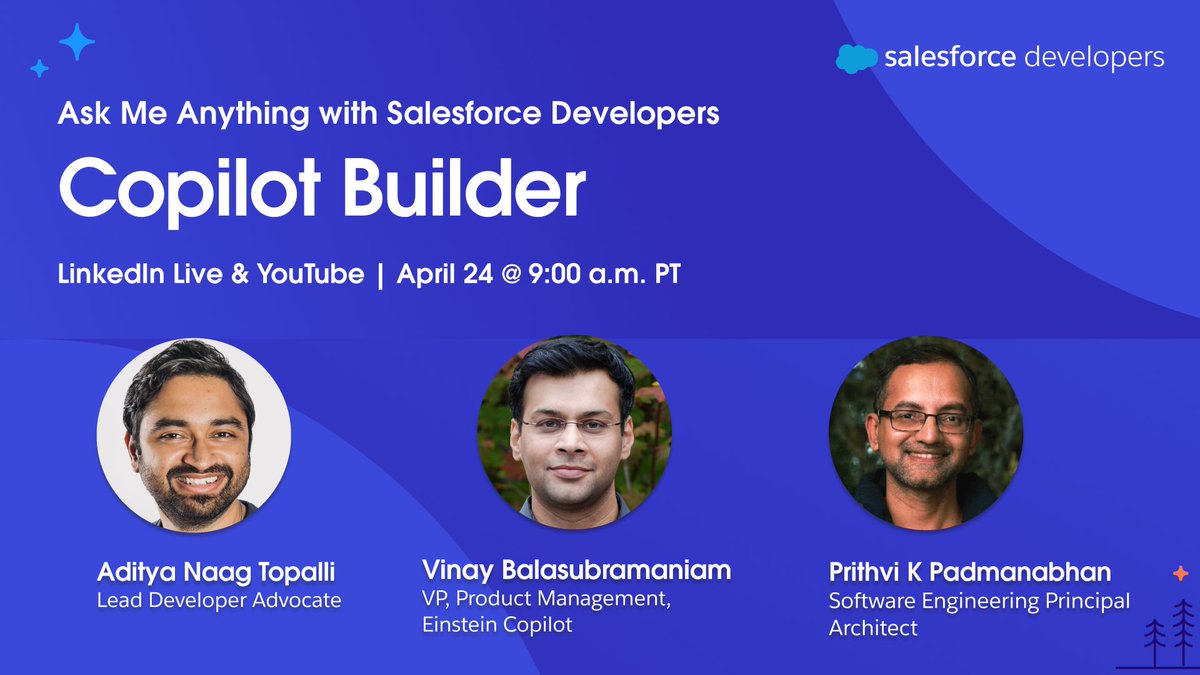 Don't miss it! This month's #AskMeAnything event starts tomorrow April 24 at 9:00 a.m. PT. ⏰ Ask your questions about Copilot Builder and receive live answers from #SalesforceDeveloper experts. Watch the livestream: 📺 sforce.co/3x83bip