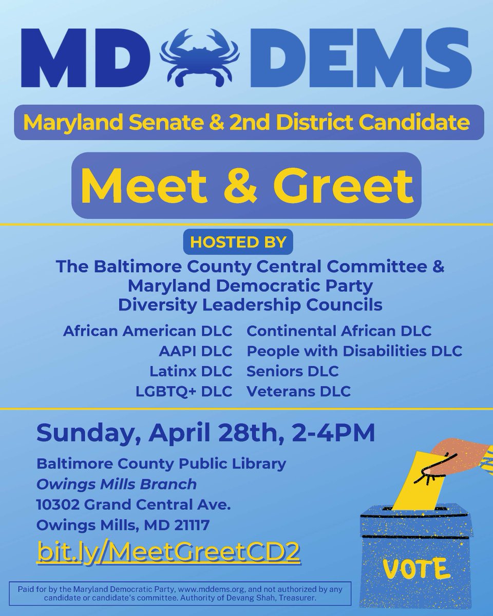 Please join me at this Meet and Greet on April 28th, hosted by the Baltimore County Central Committee and the Maryland Democratic Party Diversity Leadership Councils.
Donate: secure.actblue.com/donate/siaforc…
siaforcongress.com
bit.ly/MeetGreetCD2