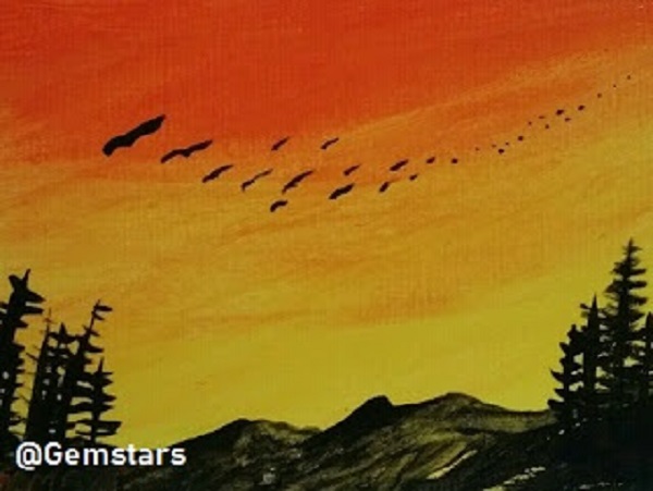 Birds fly home past mountain peaks and yellow sky micro oil painting. Painted in 2017 - 2019 by Artist Gemstar Oil Painting - Micro Painting - 2.5 x 3.5 inches Investment Art - Micro Art PayPal: paypal.com/cgi-bin/webscr… Shipping to USA and Canada #Gemstar #Gemstars #MicroArt