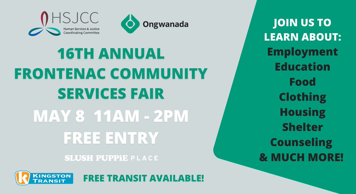 Mark your calendars! 🗓️ The 16th Annual Frontenac Community Services Fair is rolling into Slush Puppie Place on May 8th! It's a day of connection, community, and care you won't want to miss! Learn more at ongwanada.com #ygk #Kingston