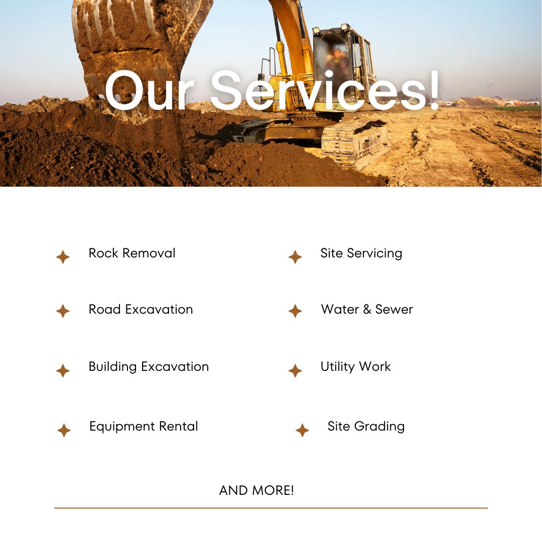 Our Services include

Rock Removal
Road Excavation
Snow Ploughing/Removal
Building Excavation
Site Servicing
Water & Sewer
Utility Work
Equipment Rental (with operator)
Float Service
Site Grading
Land Clearing

-
-
-

#rockremoval #roadconstruction #excavation #utilitywork