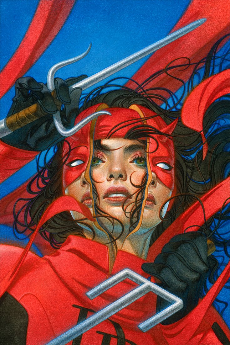 'Elektra,' acrylic & colored pencil on paper, 8.5x13', $4100 (original available, contact mail@mynameistran.com). Stoked to share my latest @Marvel cover for 'Daredevil: Woman Without Fear' Issue #1 (homage variant cover)! AD Emily Newcomen Chierchio. #elektra #daredevil