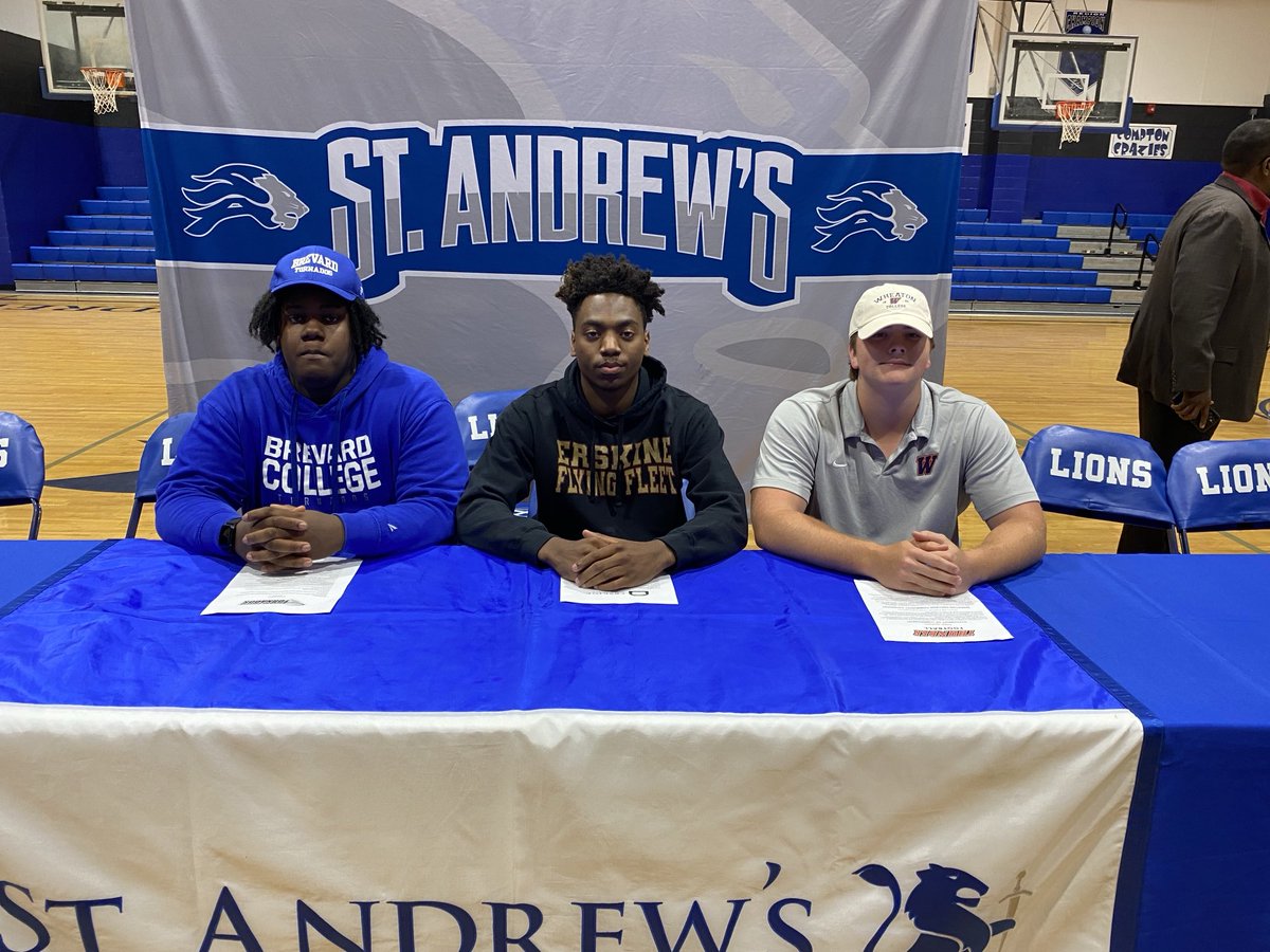 Congratulations to three St. Andrew’s football players for signing college scholarships. L-R Hayward Pollard to Brevard, RaKari Harrison to Erskine and Tripp Jackson to Wheaton. ⁦<a href="/WJCLNews/">WJCL News</a>⁩