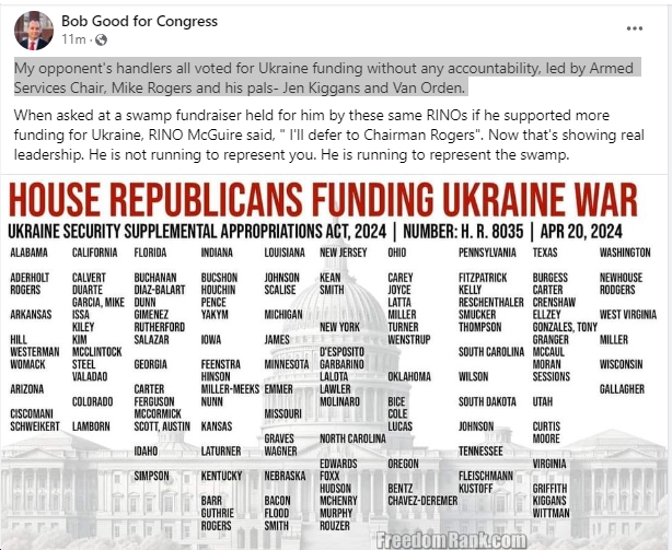 Putin caucus member, far-right-extremist Rep. Bob Good (R-VA05), attacks his fellow Republicans who voted to aid our ally, Ukraine, against Russia's brutal aggression. bluevirginia.us/2024/04/monday…