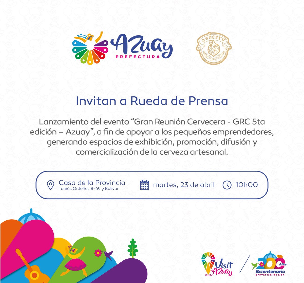 Convocatoria Rueda de Prensa de la 5ta Convención Nacional de Cerveceros a celebrarse en Cuenca gracias a <a href="/AzuayPrefectura/">Prefectura del Azuay</a> 👏 En estos tiempos tan difíciles, sin energía para trabajar, es un gran apoyo para los productores cerveceros. Los esperamos!