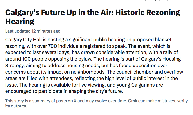 I don't live in Calgary & don't know details of this extremely controversial blanket rezoning plan for the city & how that will impact neighborhoods. But I think it has something to do with 15-minute cities, hence the massive resistance. If anyone can summarize, please do.