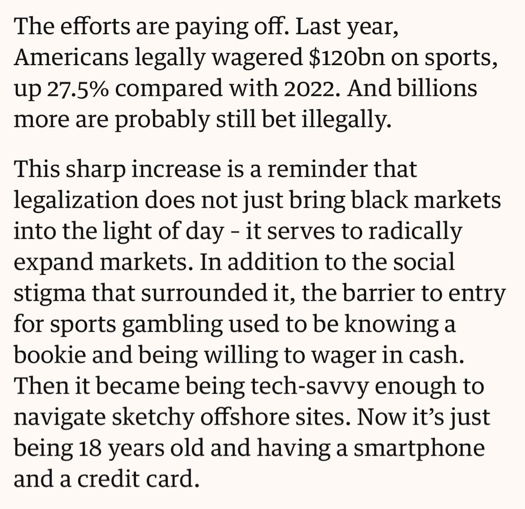 It’s too late to put the genie back in the bottle, but legalization was a mistake and at the very least we need far-reaching federal regulation of sports betting. theguardian.com/commentisfree/…