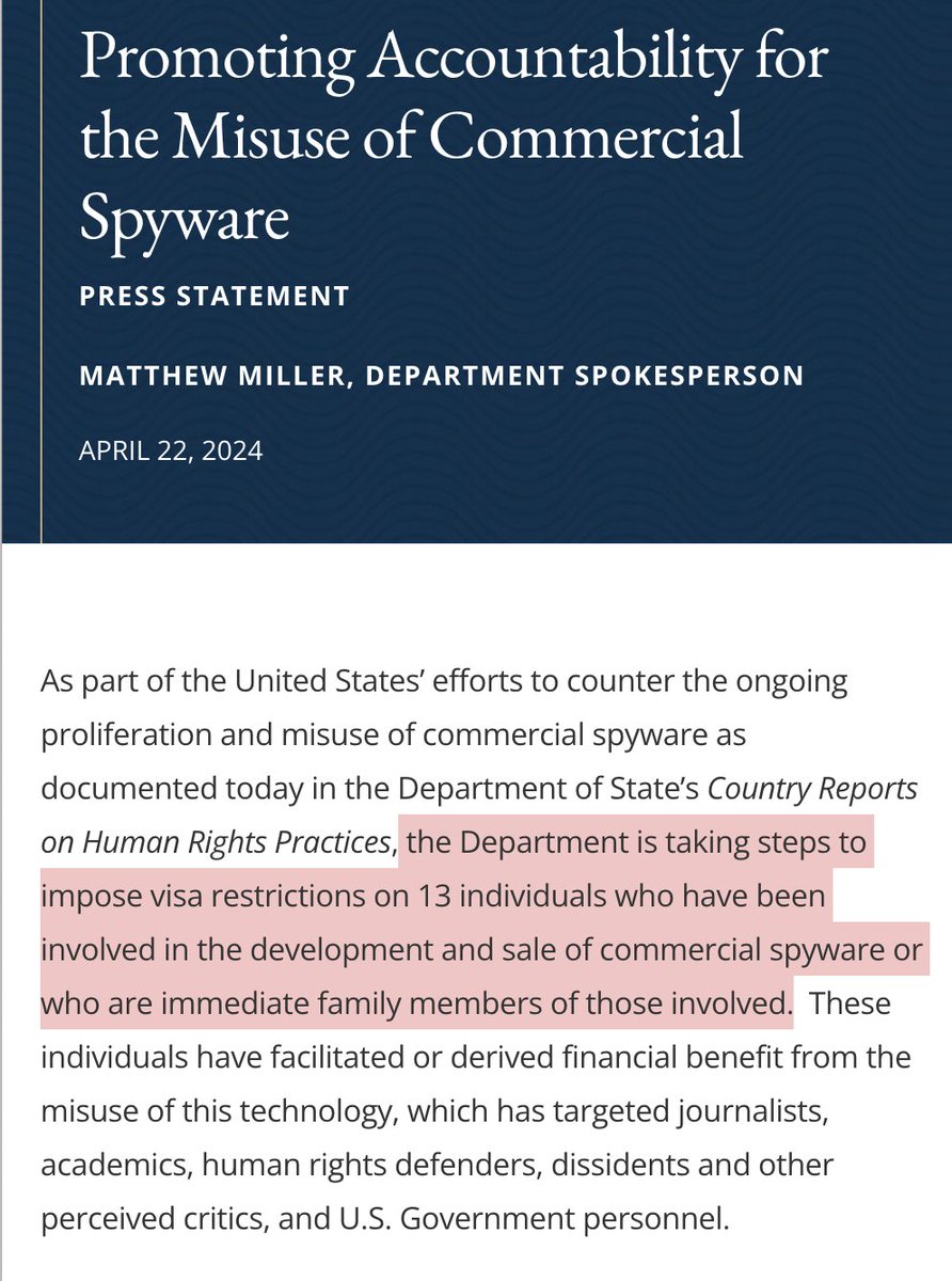 BREAKING: US @StateDept imposes visa restrictions on 13 mercenary spyware proliferators / immediate family. First known application of policy rolled out in Feb. state.gov/promoting-acco…