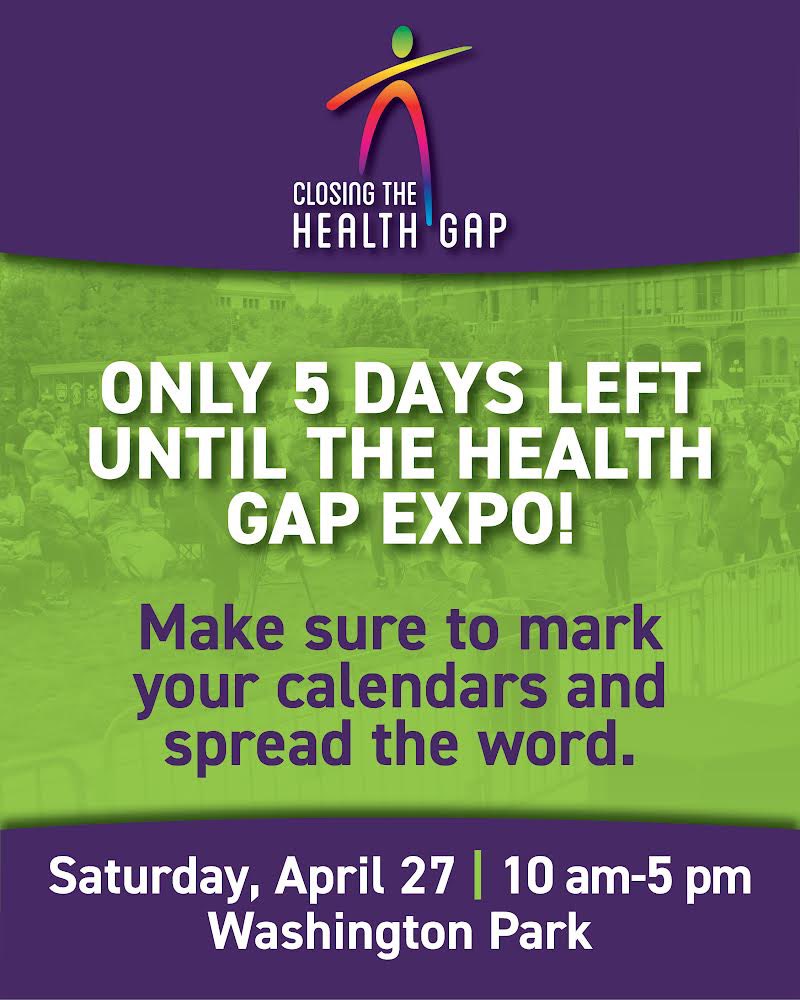 Only 5 days left until the Health Gap Expo! Make sure to mark your calendars and spread the word. Don’t miss out this Saturday at Washington Park! 🎉

#HealthGap #HealthExpo #Community