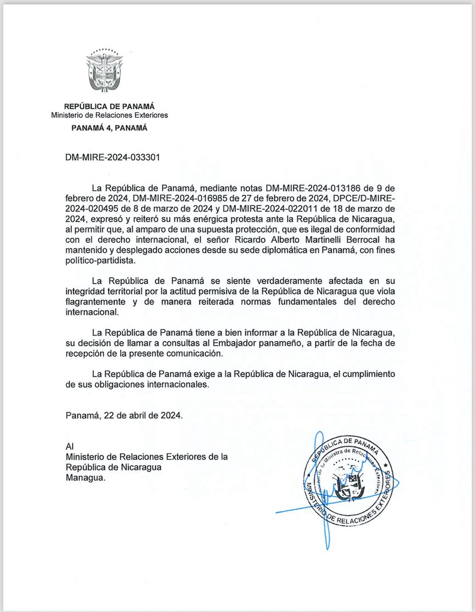 Panamá llama a consultas a su Embajador en Nicaragua