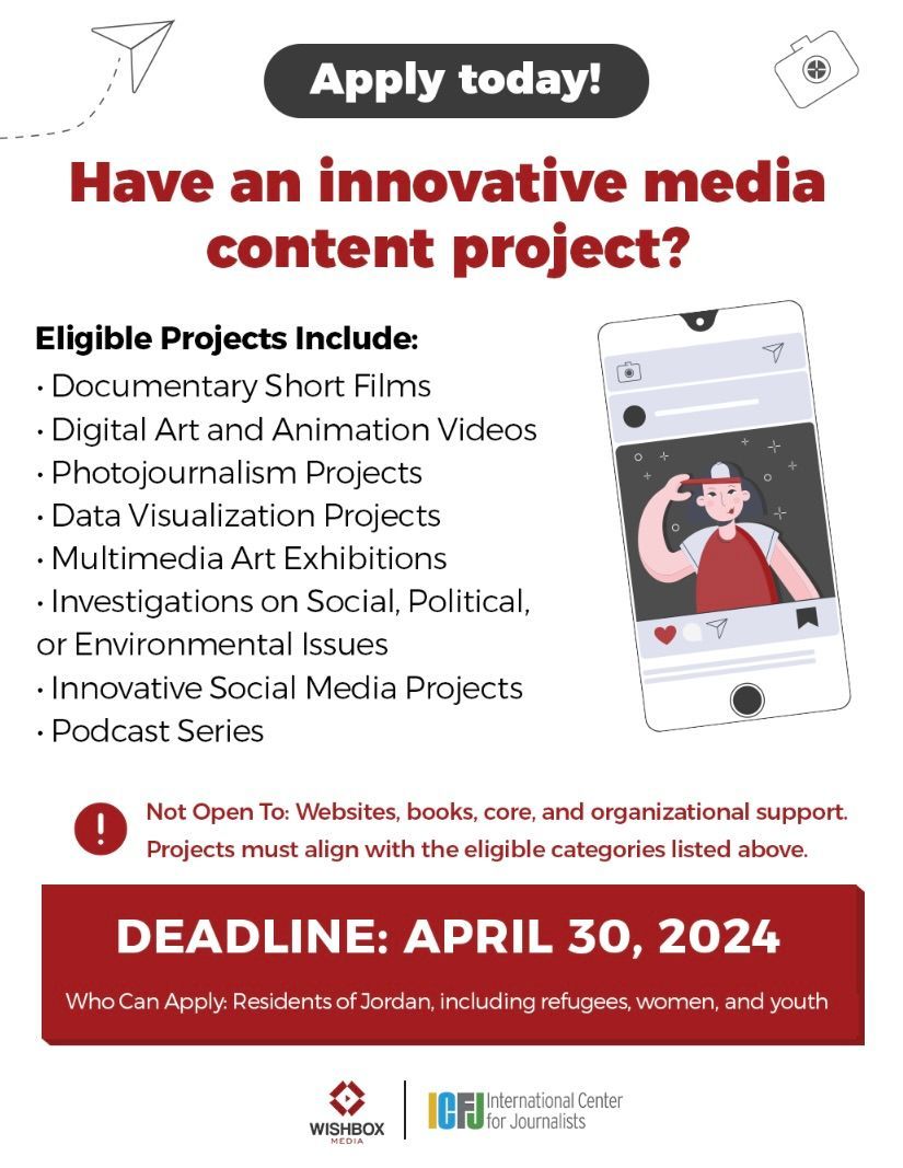 We are seeking innovative projects from Jordanian media innovators and content creators! Apply for our Content Innovation Fund before April 30: buff.ly/3vTtSHg
