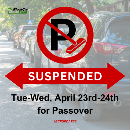 Alternate Side Parking rules will be suspended from Tuesday to Wednesday (4/23 - 4/24) in observance of Passover. Parking Meters will remain in effect! 

#ASPSuspended #AlternateSideParking #NYCASP #TheBlackCarFund #NYBCF #WeveGotYouCovered #NYS #NYC