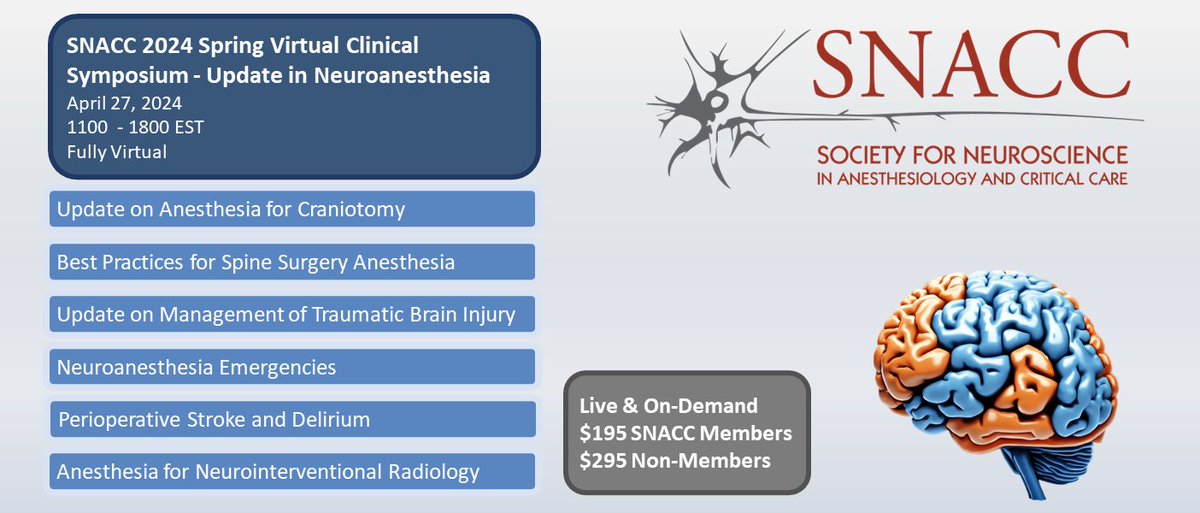 Only 5 DAYS left until the 2024 SNACC Spring Clinical Symposium: An Update in Neuroanesthesia! It's not too late to attend, so register today! snacc.org/meetings/clini…