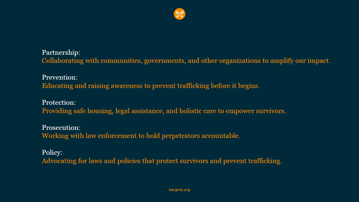 At Fair Girls, our approach to combating human trafficking and supporting survivors is structured around the Five P Model, which includes: Partnership Prevention Protection Prosecution Policy #fairgirlsinc #endhumantrafficking #humantraffickingawareness #breakthechains