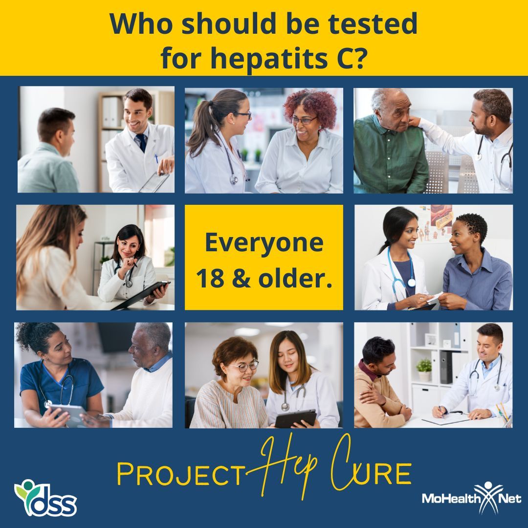 The CDC recommends that everyone 18 and older should be tested for hepatitis C. Anyone who has MO HealthNet coverage and has tested positive for hepatitis C is eligible for treatment at no cost. Find out more at buff.ly/3en7k5F #MOHealthNet | #ProjectHepCure | #WeServeMO