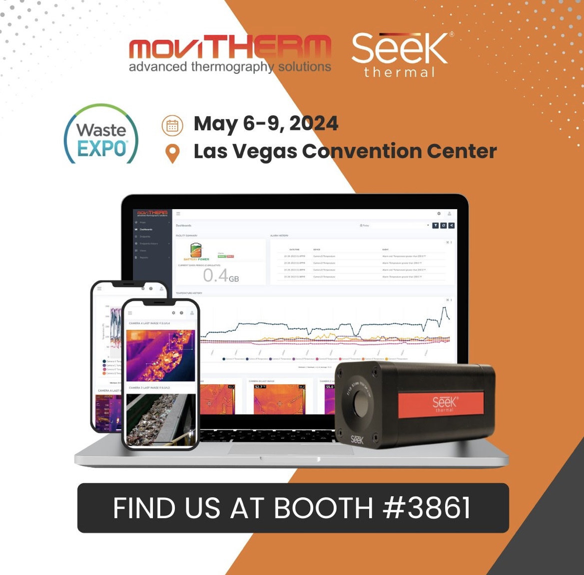 Fired up for WasteExpo 2024! Visit @movitherm and Seek Thermal at booth #3861 to explore our early fire detection system for waste safety. Don't miss special pricing on the Thermal Monitoring Starter Pack! 🔥