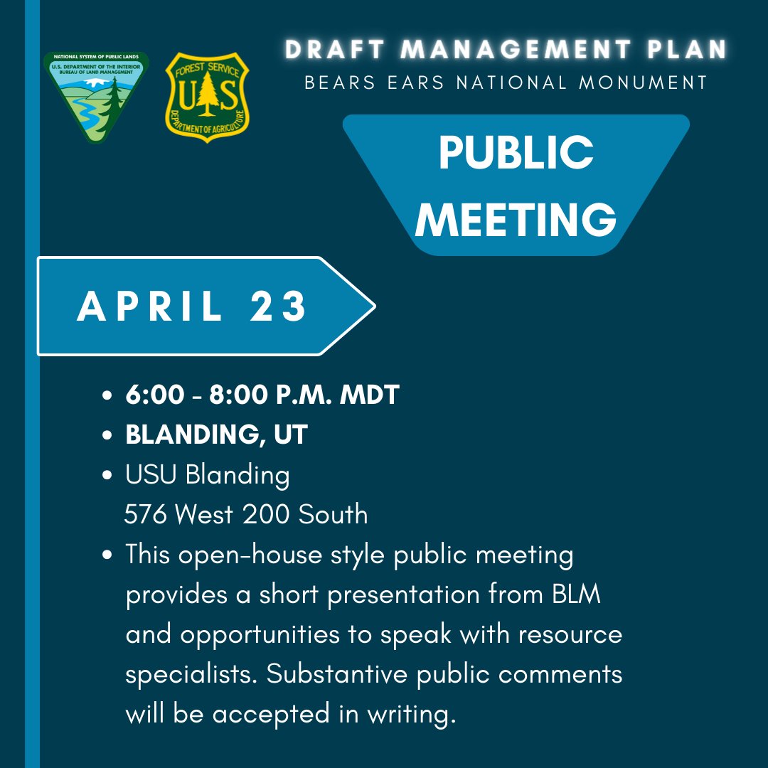 Tomorrow, the BLM team will host an open house to learn more about the Bears Ears National Monument draft plan. Join us! April 23: Blanding, 6:00 - 8:00 P.M., USU Blanding, 576 West 200 South #publiclands #bearsears