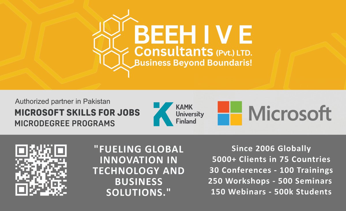 FaisalShaikhExe's tweet photo. BeeHive Consultants (Pvt.) Ltd. is an authorized partner of Microsoft Skills for Jobs Microdegree Programs in collaboration with KAMK University, Finland.

For collaboration and business opportunities, contact: info@beehiveconsultants.com or call us at: +923394110049 https://t.co/hfO5M55a6P
