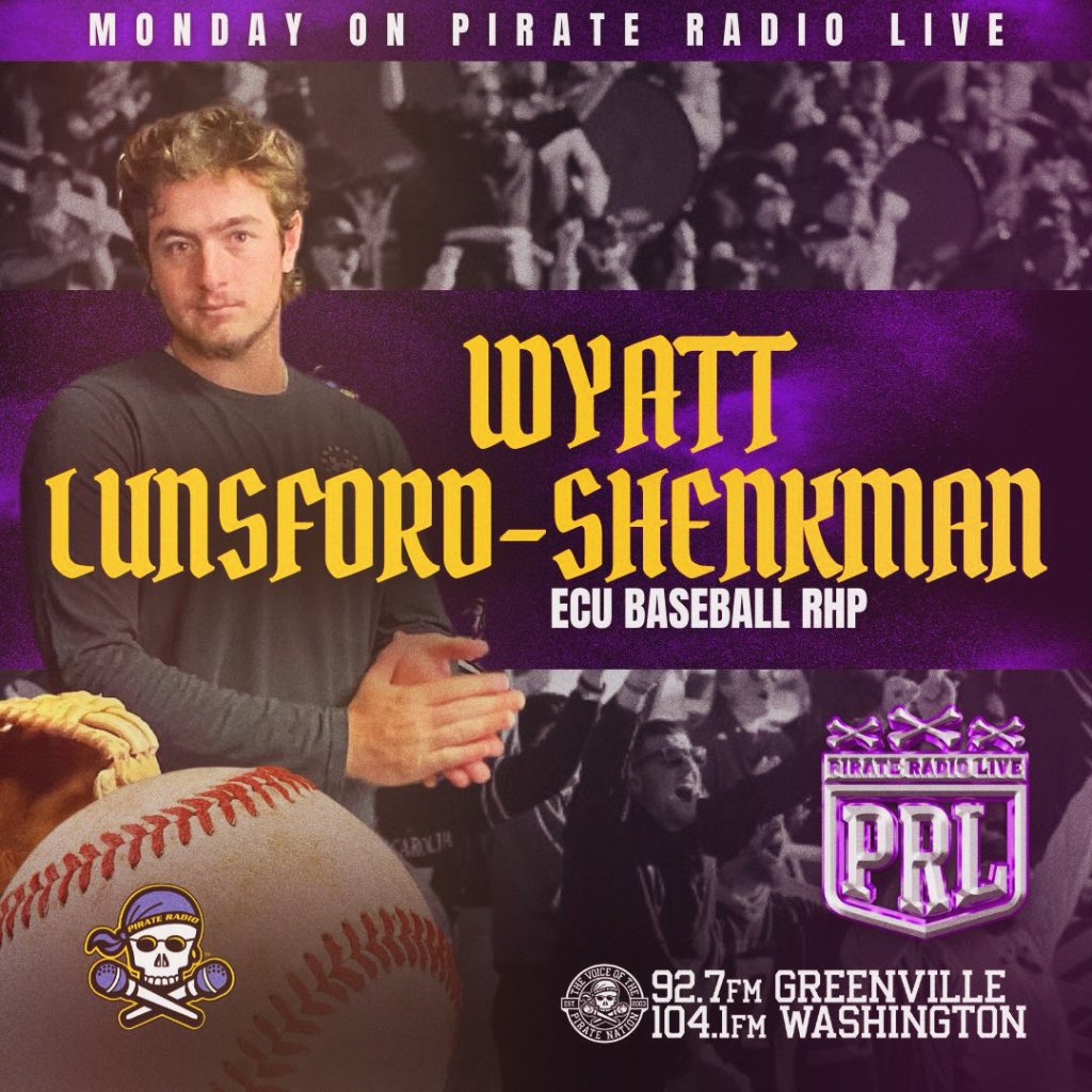 🏴‍☠️⚾️ Coming up on Pirate Radio LIVE, we’re joined by “The Law Firm” ECU Baseball’s Wyatt Lunsford-Shenkman @ShenkmanWyatt in studio to recap the weekend sweep. LISTEN, STREAM, WATCH ⏰ 3-6pm M-F 📻 92.7FM or 104.1FM 💻 PR927FM.com 📺 youtube.com/live/1SeGiJgff…