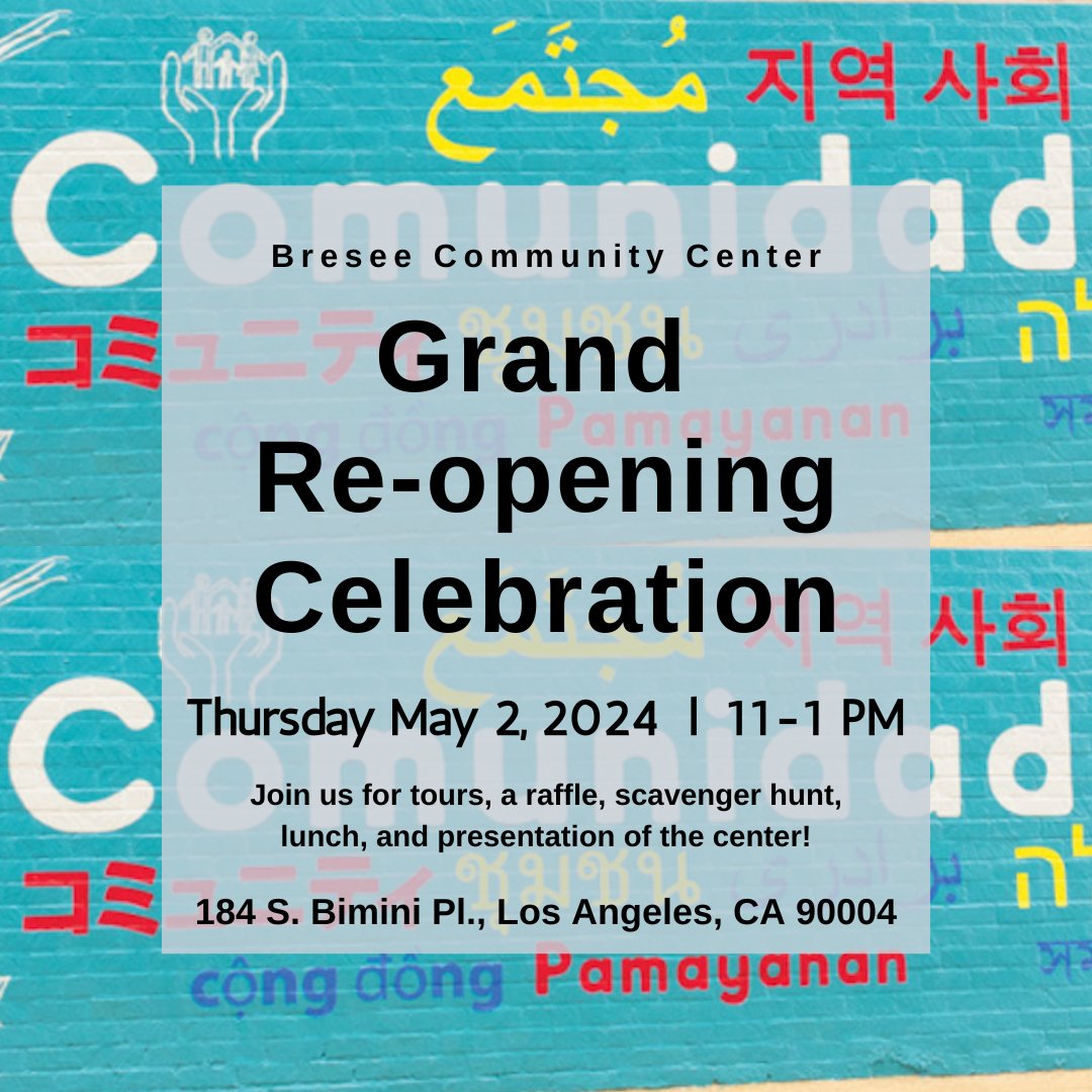 We wanted to remind you that our Grand Re-opening Celebration is next Thursday! If you haven't already, register at the following link: bresee.org/grand-re-openi…