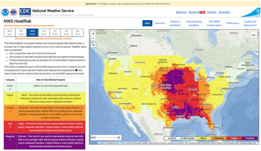 HeatRisk is now available for your community! HeatRisk is an experimental new heat tool that provides guidance and preparedness information to combat heat-related stress. Stay better-prepared to beat the heat this summer: tinyurl.com/whnyxzzb