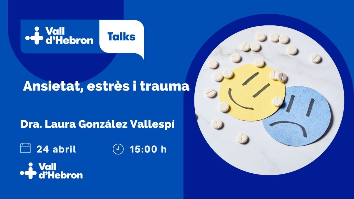 🗓️ Aquest dimecres 24 d'abril no et perdis el pròxim #VallHebronTalks sobre ansietat, estrès i trauma. Descobriràs estratègies que poden ser útils per afrontar i gestionar aquests estats. Més info. a 👉🏼 vallhebron.social/vhtalks-ansiet…