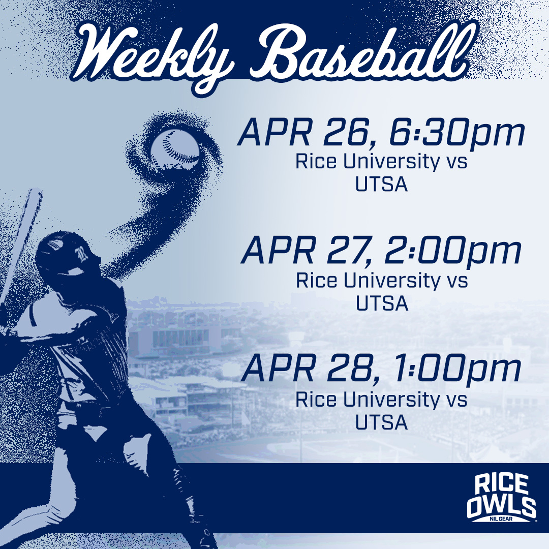 Baseball Week Ahead! ⚾️ Explore our game schedule and let's show our unwavering support for @Ricebaseball! Let’s cheer loud and proud!

#riceowlsnilgear #riceathletics #collegesports #RFND