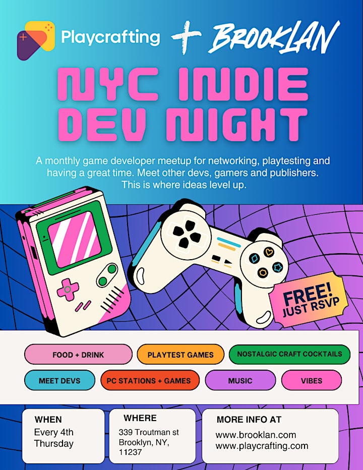 🎮🕹️👾 @Playcrafting has partnered with @BrookLAN_NY for indie dev night! 🎮🕹️👾 Indie devs, gamers, publishers, industry vets and students - this is the place to come meet others in the community, and check out what games NYC is cookin' up! 🎟️ RSVP HERE: loom.ly/gi2Ecp4