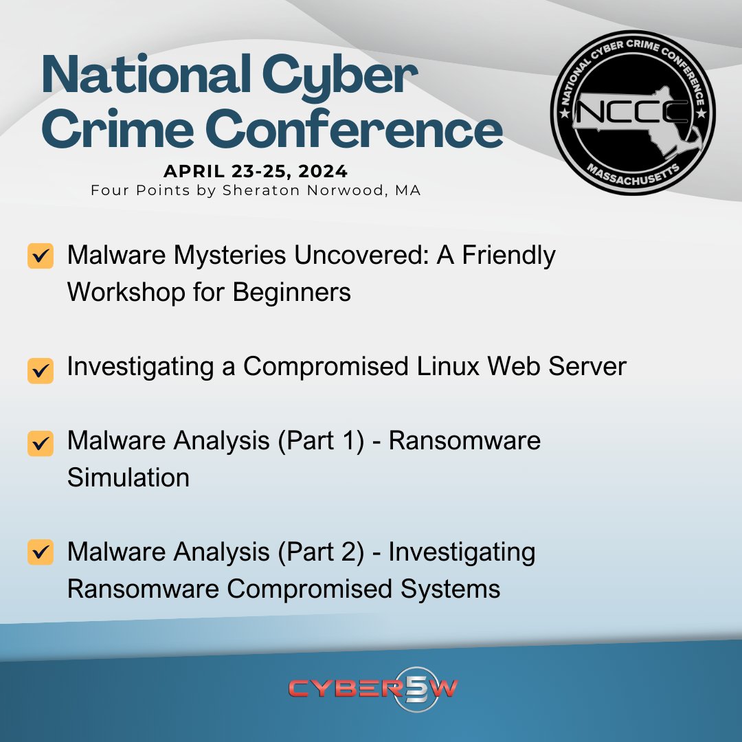 Are you attending NCCC? Swing by our workshops; we offer plenty of valuable hands-on sessions. Be sure to check our agenda and save the dates to join us for informative sessions. We look forward to seeing you there! cyber5w.com/events.html #C5W #DFIR #Infosec #Malware