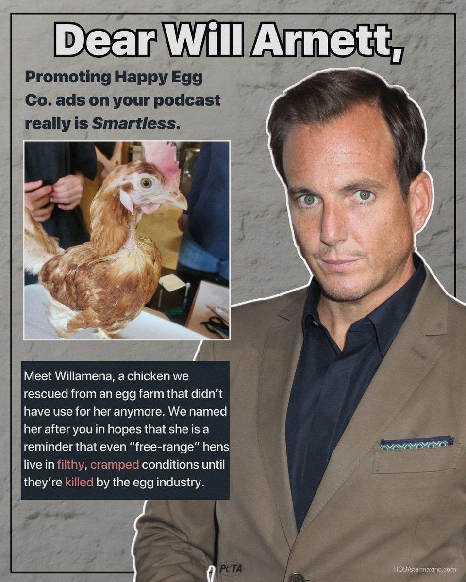 Stop humane-washing, @arnettwill! Hens at Happy Egg Co. advertised on @SmartLess are anything but happy. They’re living their WORST hen lives, not their best. Willamena and other chickens abused for eggs want you to stop misleading kind consumers!