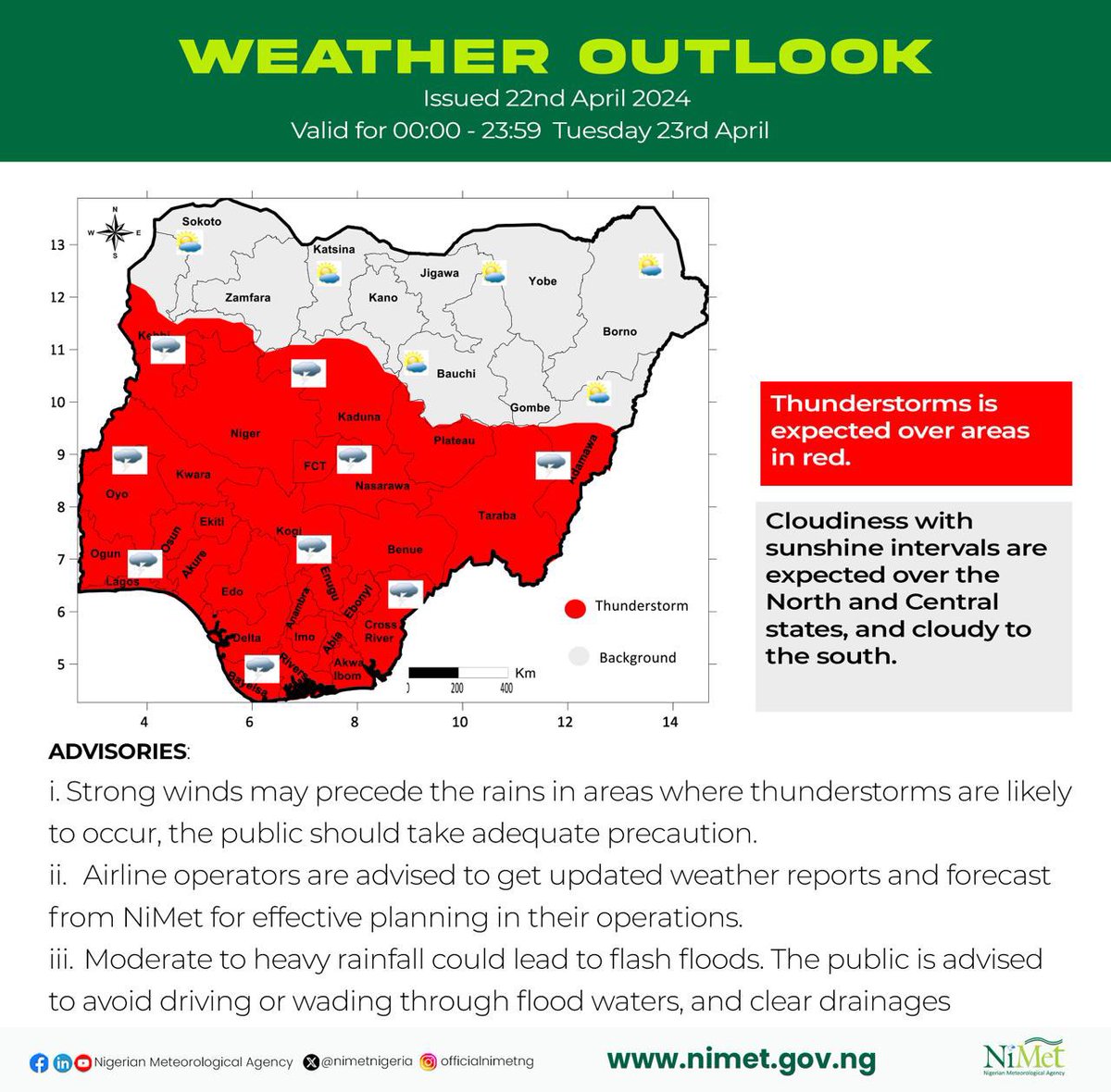 Weather Outlook issued 22nd Valid 00:00 - 23:59 Tuesday 23rd April Visit: youtu.be/pQaZlhZXgP0?si… To watch weather forecast video #beweatheraware #nigerianweather #thunderstorms #cloudiness #cloudy #sunny #climatechange #flashfloods
