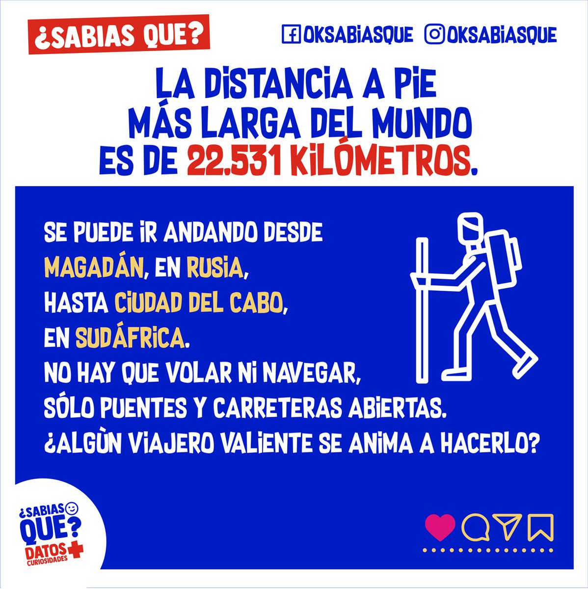 🫣 La distancia a pie más larga del mundo es de 22.531 kilómetros. 😲
.
👣 Se puede ir andando desde Magadán, en Rusia, hasta Ciudad del Cabo, en Sudáfrica. No hay que volar ni navegar, sólo puentes y carreteras abiertas.🥱

#APie #Kilometros #Rusia #CiudadDelCabo #sabiasque