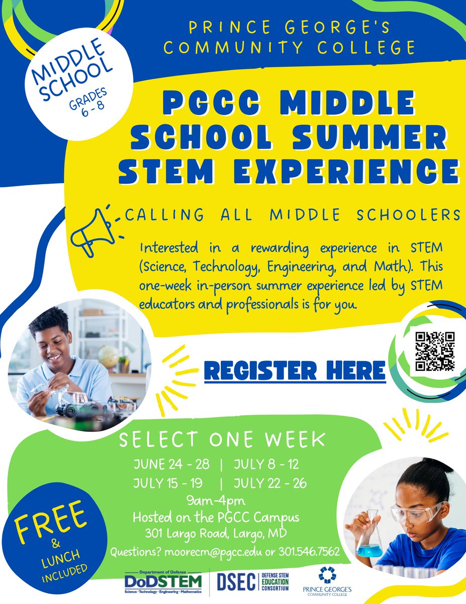 PGCC will be offering four (4) 1-week STEM camps on the PGCC campus for middle school students. Eligible students will be in 6th through 8thgrade for the 24-25 school year. The camps are free to participants, with lunch and snacks provided. Spaces are limited!