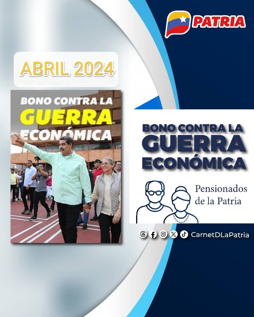 Inicia el pago del #BonoContraLaGuerraEconómica Abril 2024, aprobado por el presidente @NicolasMaduro, a través de la #PlataformaPatria. Este beneficio va dirigido a pensionad@s, como parte del esfuerzo para proteger el bienestar social del pueblo. #BloqueaElBloqueo #22Abr