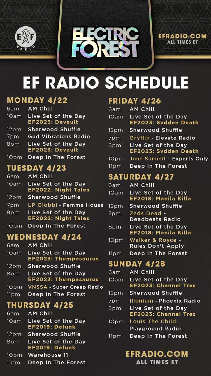 This week on @EForestRadio! 📻🌲 Tune in for #EF2023 performances from @svddendeath, @channel_tres, and others, as well as daily broadcasts of the AM Chill and Sherwood Shuffle, and so much more. Hear it 24/7/365 at EFRadio.com, in the Mobile App, or on Discord!