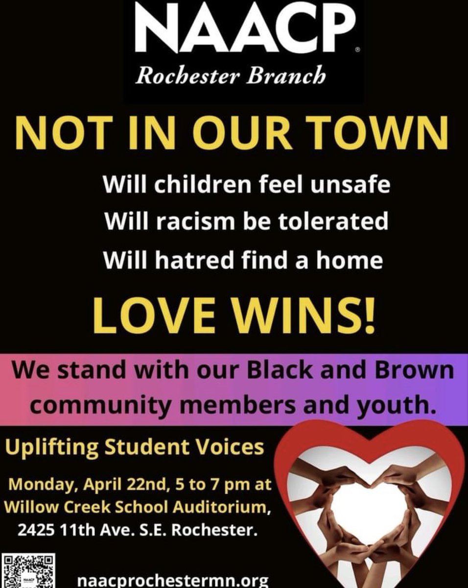 Please join us and stand in solidarity against racism and prejudice by attending the @MnNaacp led event on Monday, April 22, 2024 at 5pm. Please see flyer 👇🏽 for details ❤️ @DrLaPrincess @MayoClinicCV @MayoClinic @MayoEquity @C2DREAM_MN @CARHEumn @ABCardio1