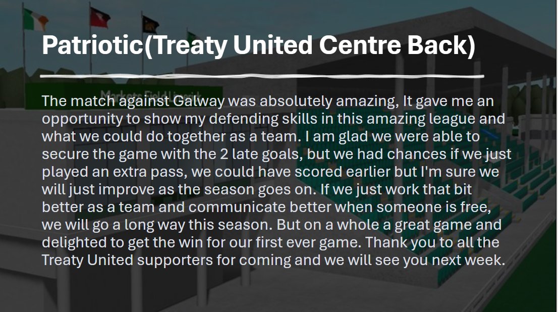 Have a look what our Super Centre Back @Patriotic_GRW had to say following Treaty's 2-0 win over @GalwayUnitedLOI in their debut game in the @RBXLOI On Saturday.
We now face Cobh Ramblers This week.
#LOI #Soccer #Ireland #RBXLOI #FD