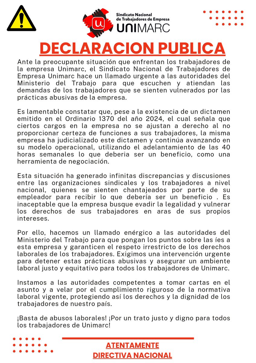 SindNacUnimarc's tweet photo. @jeannette_jara @pzenteno01 @gboccardobosoni  Necesitamos la atención del gobierno, Unimarc plantea el adelantamiento de las 40 horas solo si el universo completo de trabajadores de la tienda acepta un modelo de contrato ilegal ratificado por el ord° 1370/2024. https://t.co/jxpAjFWVYb
