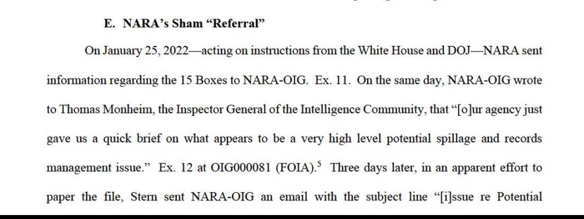 Well it doesn’t get more clear than this who was behind Trumps classified docs cases. “Acting on the instructions from the WH and DOJ” they referred the case to the OIG. They coordinated everything.