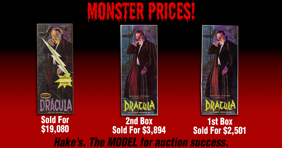 The Count makes it count at Hake's! The March auction was a bonanza for Aurora model kit fans, with manny strong prices. Dracula saw high interest, paticularly the 1969 Frightening Lightning kit! Contact us & see what Hake's can do for you! 🦇🧛‍♂️🦇 #Dracula #modelkits #collector