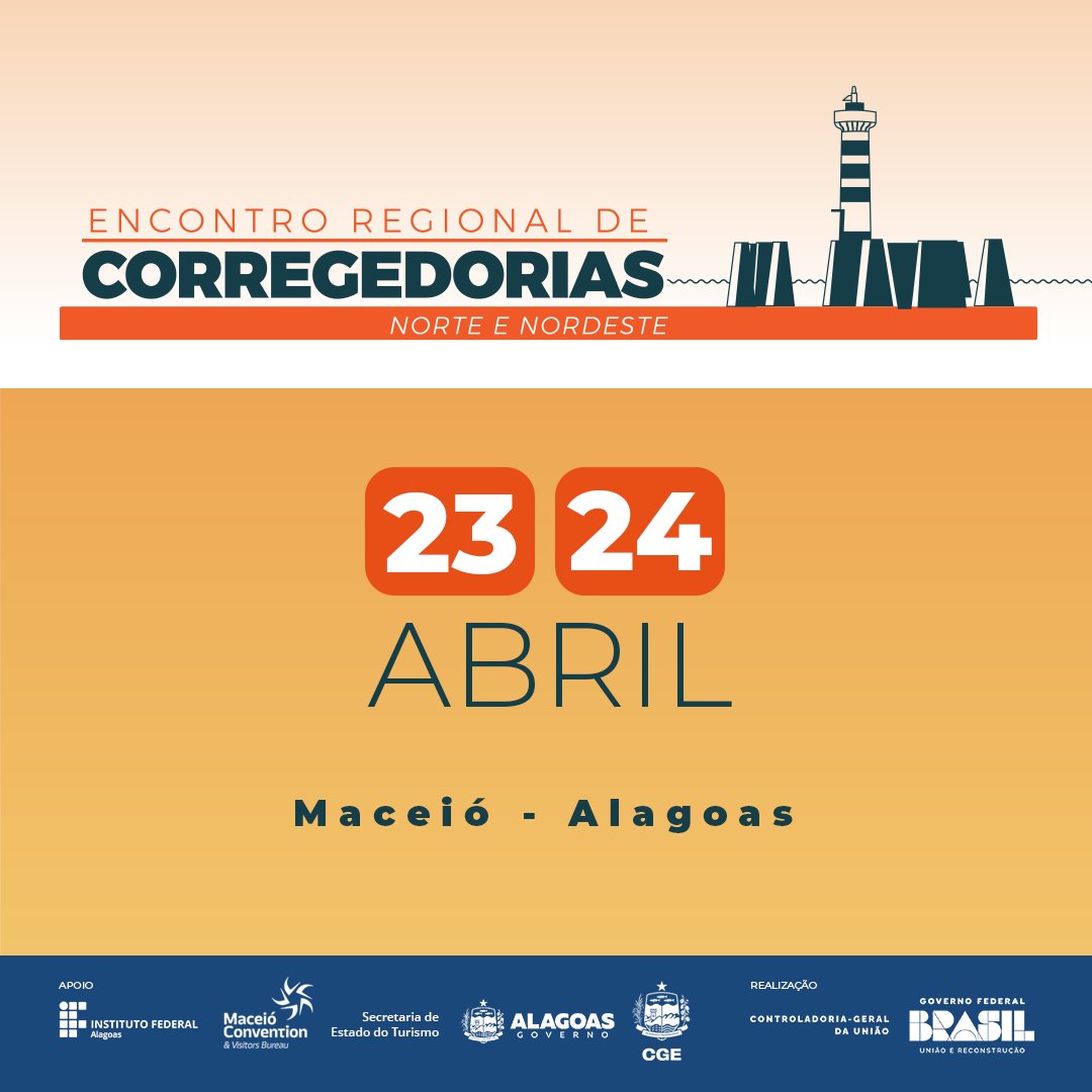 📢 Alô, Maceió! Nós temos um lembrete: Nos dias 23 e 24 de abril no IFAL, acontecerá o Encontro Regional de Corregedorias – Norte e Nordeste promovido pela CGU! 🔗 Saiba mais em gov.br/cgu