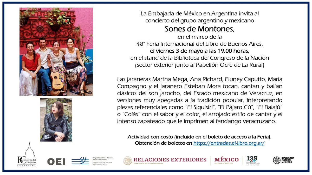 📢¡Ven!
🪕Concierto de los jaraneros de 🇲🇽 y 🇦🇷 "Sones de Montones", en la Feria Internal. del Libro de Buenos Aires
🗓️03/5, 19h
📌Stand de la Biblioteca del Congreso de la Nación (sector exterior junto al Pabellón Ocre de La Rural)
🎟Con costo (incluido en el boleto de la Feria)