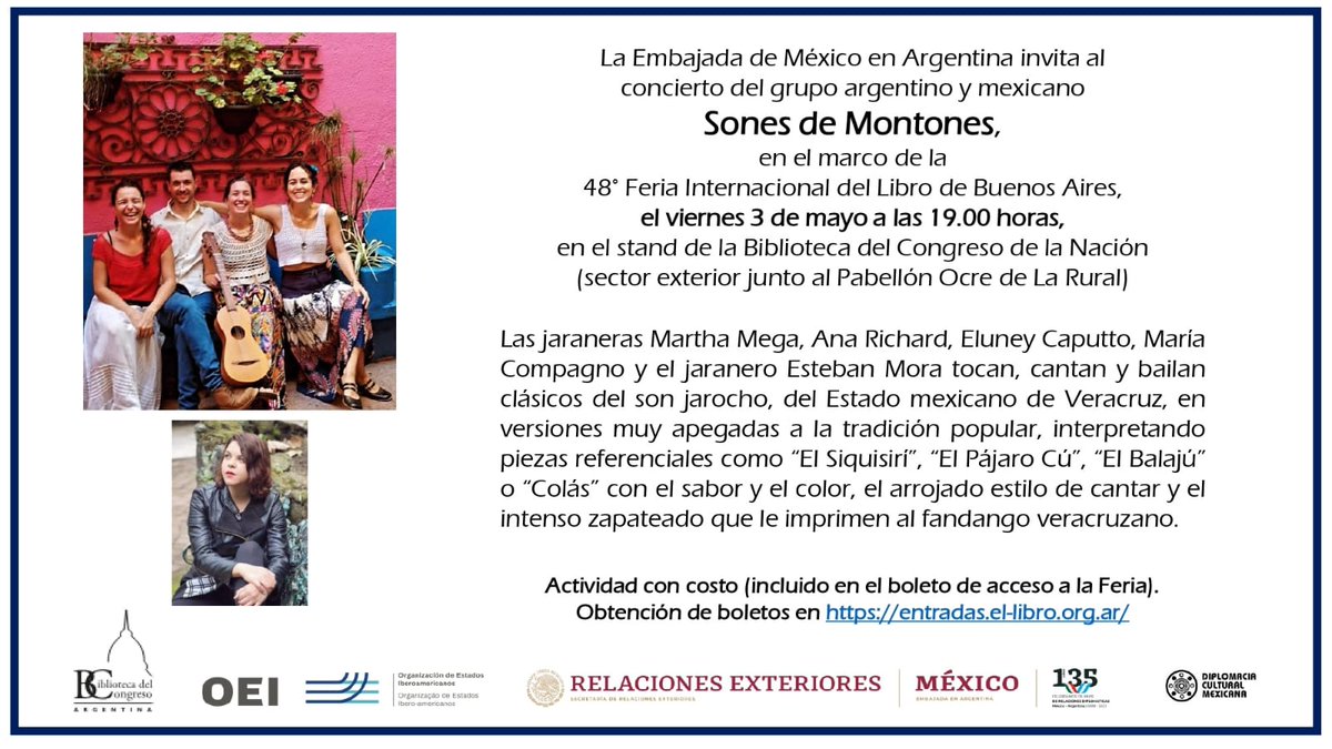 📢¡Ven! 🪕Concierto de los jaraneros de 🇲🇽 y 🇦🇷 'Sones de Montones', en la Feria Internal. del Libro de Buenos Aires 🗓️03/5, 19h 📌Stand de la Biblioteca del Congreso de la Nación (sector exterior junto al Pabellón Ocre de La Rural) 🎟Con costo (incluido en el boleto de la Feria)