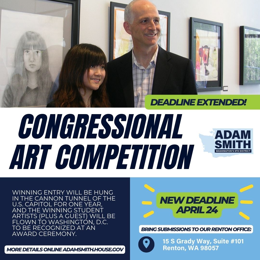 DEADLINE EXTENDED to drop off your artwork for the Congressional Art Competition! Bring your artwork to our district office in Renton by 5pm PT on April 24th! Read more about rules and eligibility here: adamsmith.house.gov/services/stude…