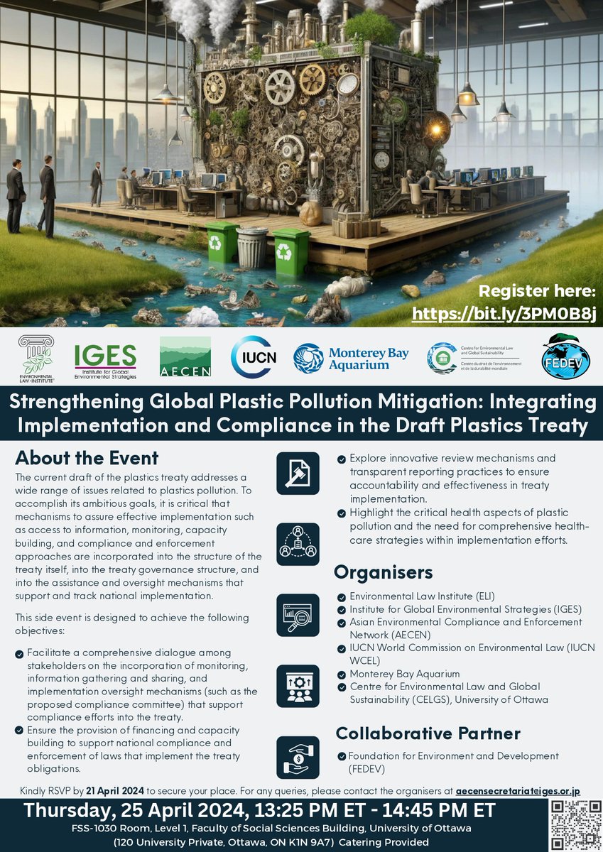 ♻️Come to the conference on mitigating plastic pollution through the draft plastics treaty, co-organized by the CELGS! 📅25th April - 13:25 📍FSS 1030 (lvl 1) ➡️Register here : docs.google.com/forms/d/e/1FAI…