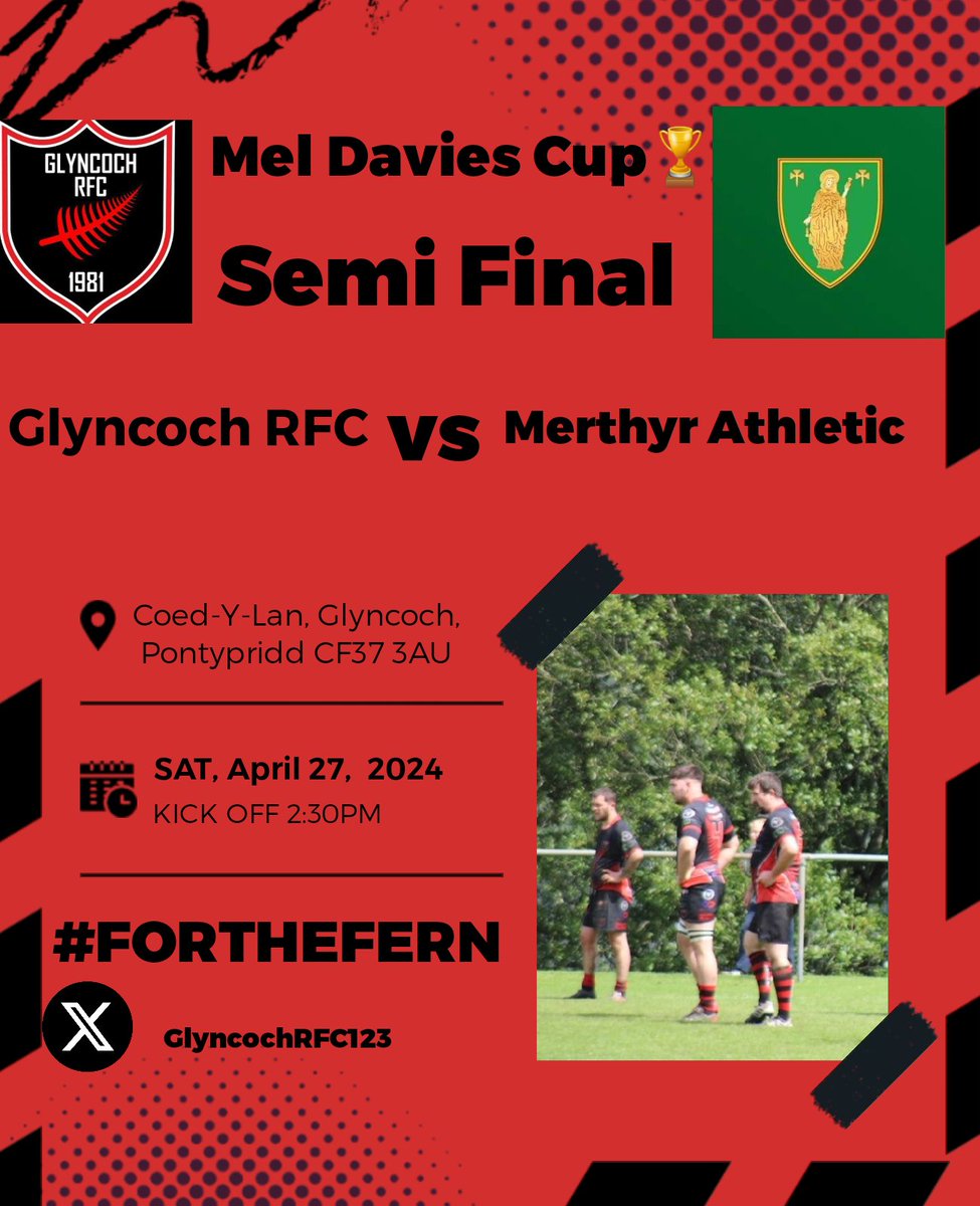 GlyncochRFC123's tweet photo. This saturday we take on @RFCMerthyr Athletic in the semi final of the Mel Davies cup🏆
Team social with a band on after the game🍺
#forthefern🔴⚫️ https://t.co/7oPCFwGY8S