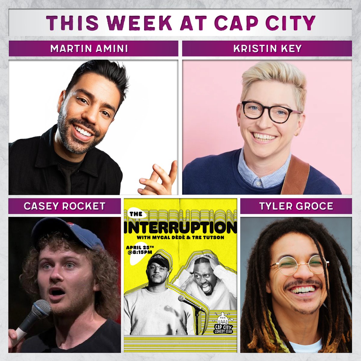 This Week at Cap City | @MCdooglebear, @MartinAmini, with Mycal Dede & Tre Tutson and @tylergroce1 in the Red Room, + @thekristinkey headlines the weekend! Grab your tickets now: bit.ly/3hTxS3n