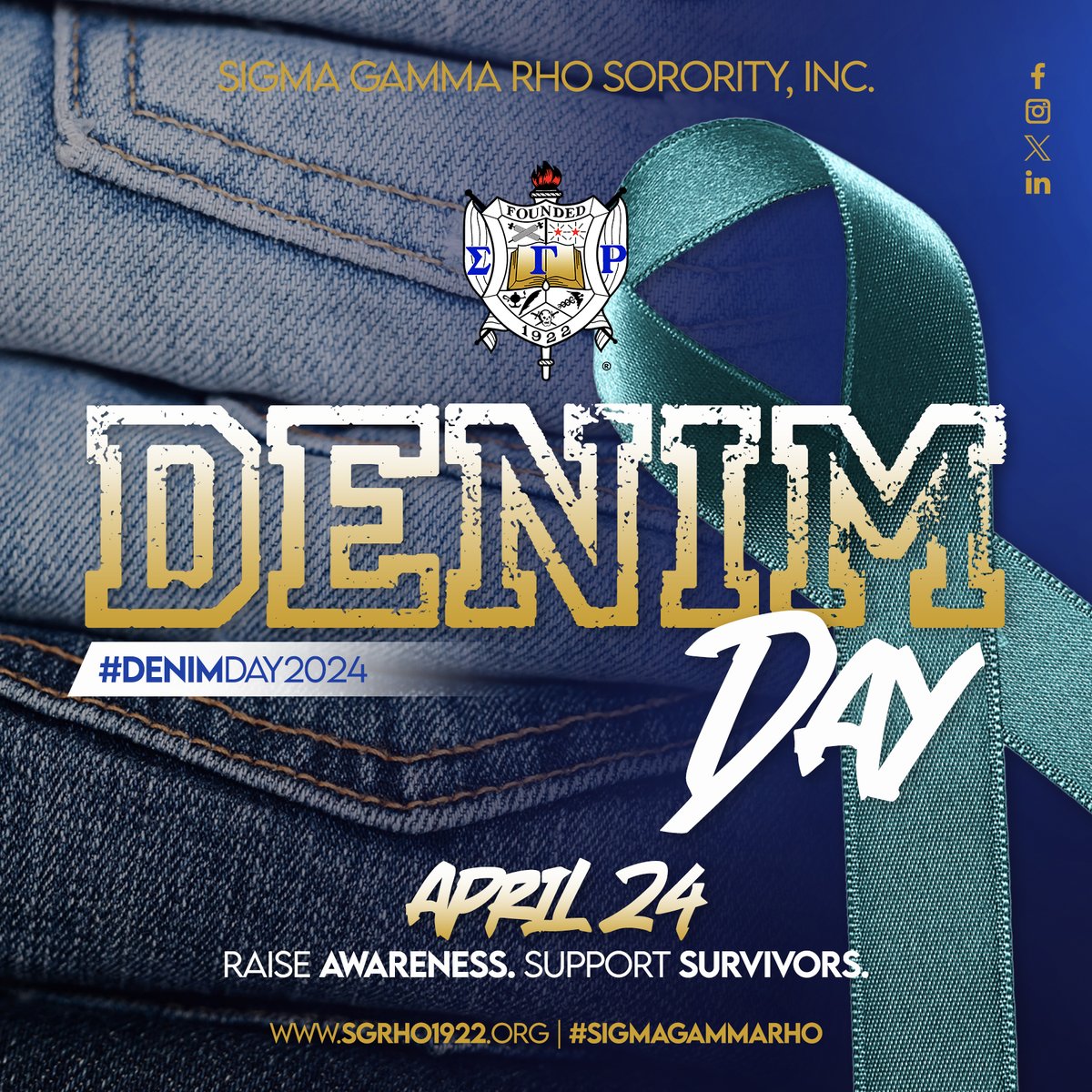 Sigma Gamma Rho Sorority, Inc. is proud to be a part of the 25th Denim Day recognition. Please wear denim today in support of victims of Sexual Assault and Victim Blaming. Tag us in your #DenimDay posts!